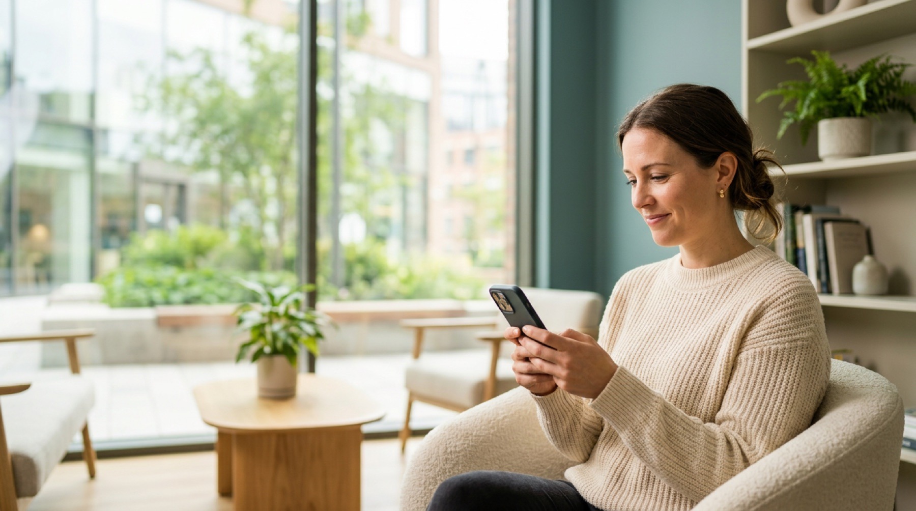 Clientă făcând o programare online pe telefon