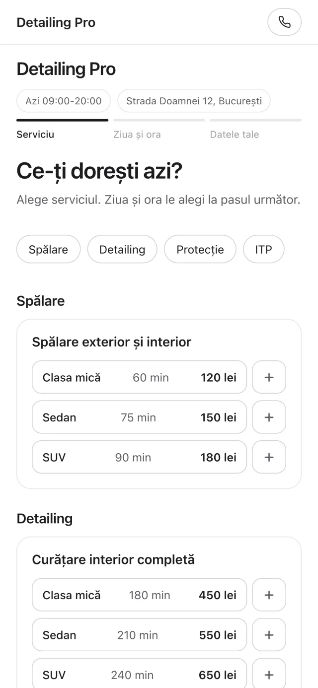 Pagina de programare cu prețuri separate pentru clasa mică, sedan și SUV