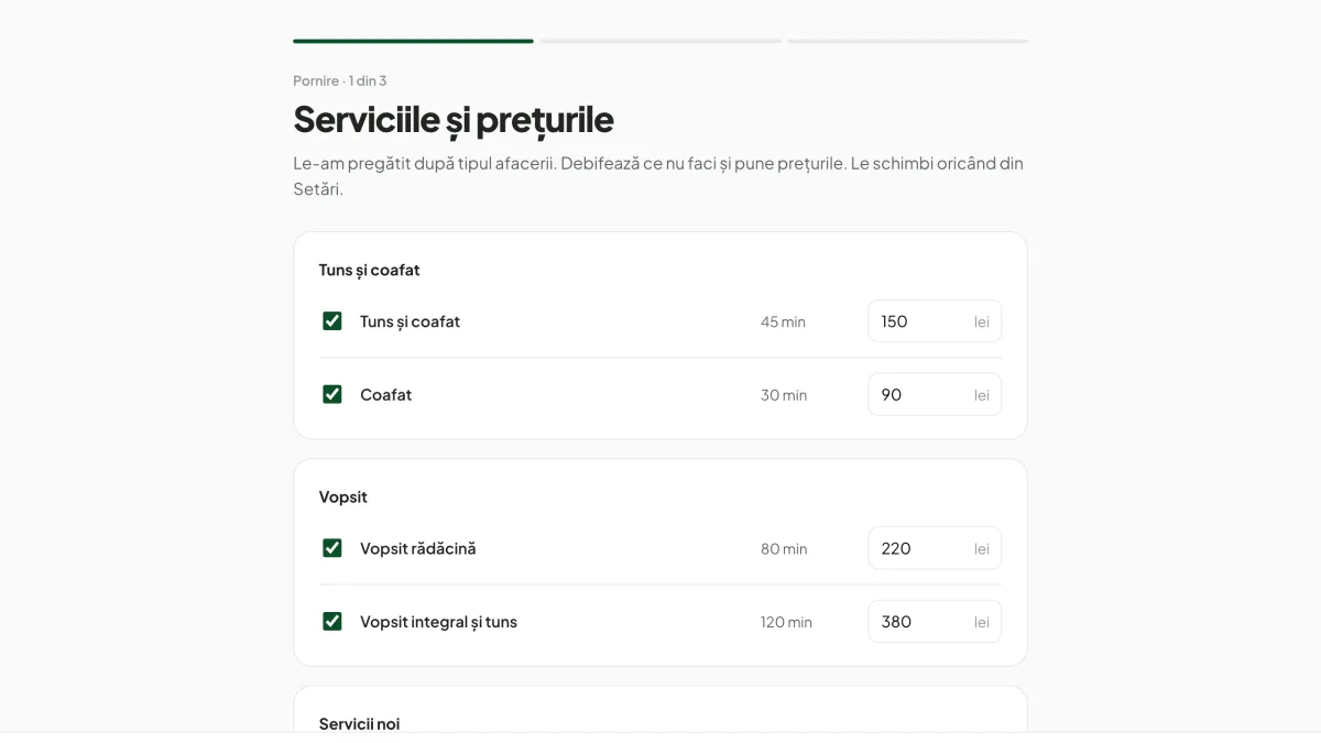 Primul pas de pornire, cu serviciile de coafură gata create